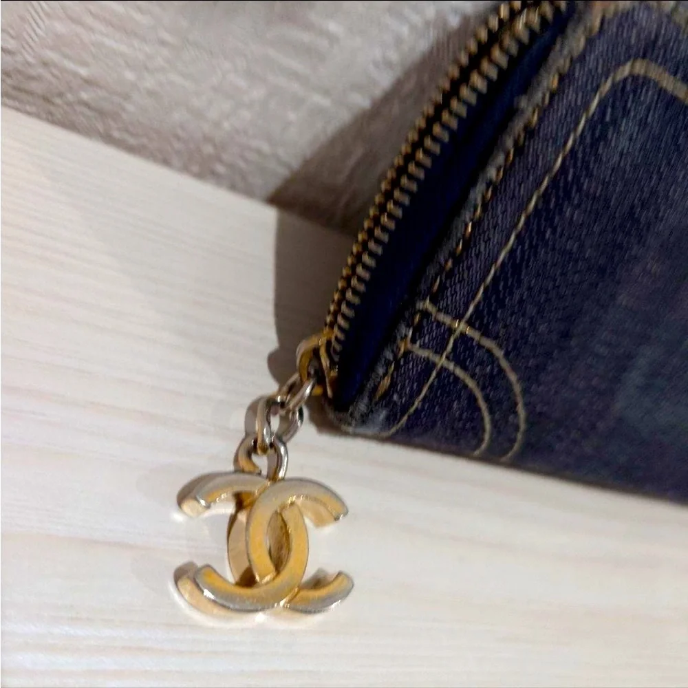 Chanel Wallet Denim Zip Around Zippy Rare CC Charm Coin Case Card Holder Mini